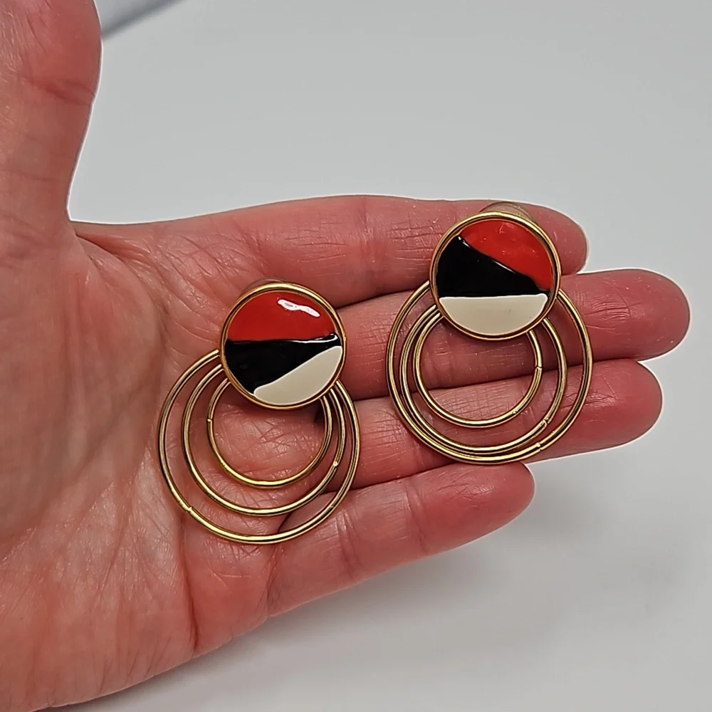 Vintage Enamel Circular Dangle Earrings Gold Tone Red Black Cream